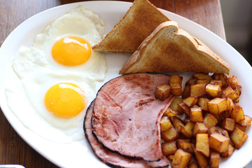 Breakfast plate with eggs, ham and potatoes